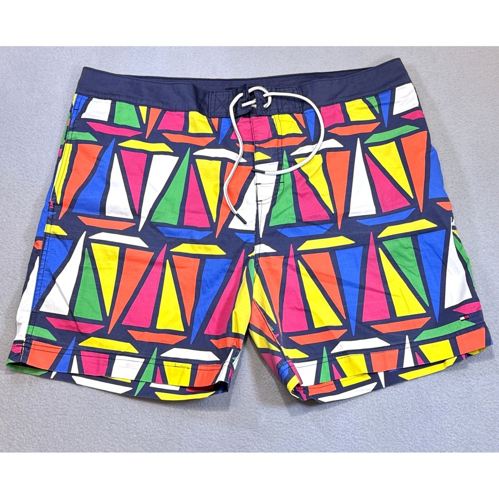 TOMMY HILFIGER Sailboat Print Swim Trunks Men XXL Multi Color Nautical Retro 7"